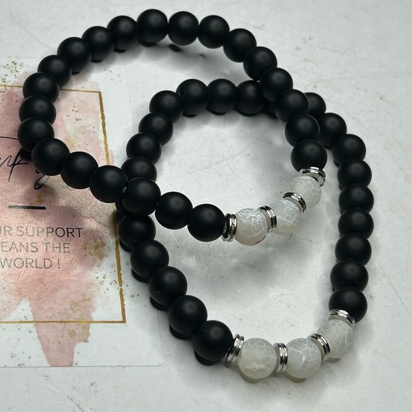 Matte Black Agate & White Crackle Quartz Set - Picture 1 of 3